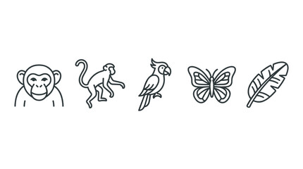 Naklejka premium Jungle animals and tropical plant elements are depicted as minimalist line art icons, perfect for web design and educational materials.