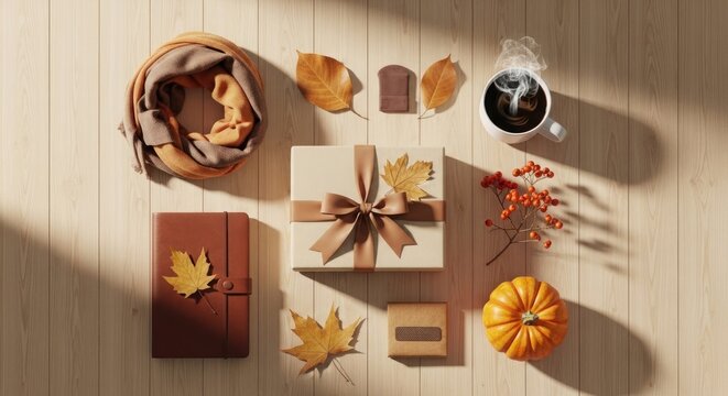Cozy mid autumn festival setup with gift pumpkin and autumn leaves on wooden table