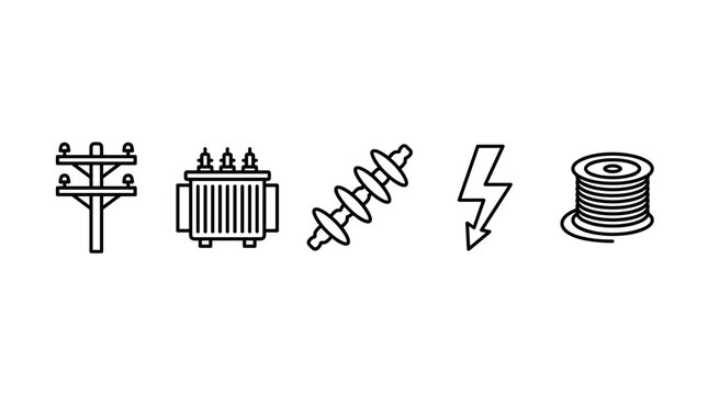 Electrical power transmission components and symbols collection featuring utility pole, transformer, insulator, lightning bolt, and wire spool for energy concepts.