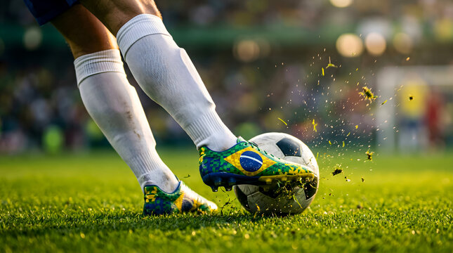 Soccer player kicking ball with brazil flag cleats on field