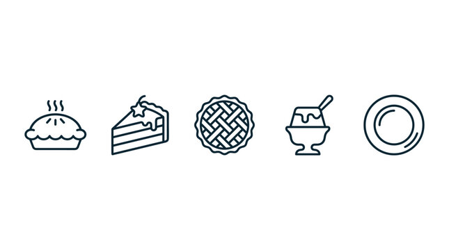 Desserts cakes pies puddings and sweet treats, such as a hot pie, cake slice, and lattice pie, are illustrated with clean outline vector icons.