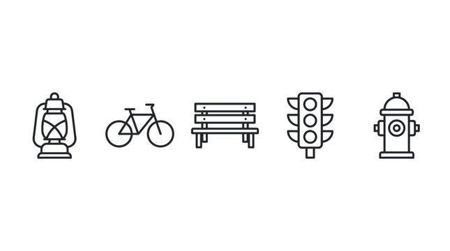 Collection of outdoor urban icons including a lantern, bicycle, bench, traffic light, and fire hydrant in a minimalist line art style.