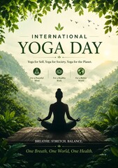 Obraz premium International Yoga Day poster with silhouette of woman meditating in nature