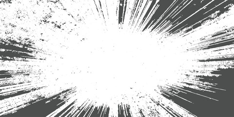Abstract radial explosion with ink splatter lines bursting from the center, high-contrast black and white, dynamic motion, vintage grunge texture vector illustration, minimalist background. © TextureStock