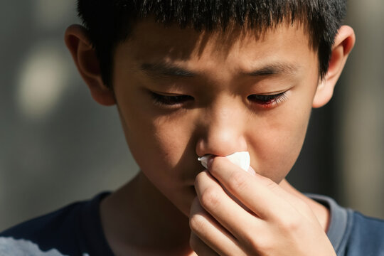 Young asian boy with nosebleed holds tissue to his nose. He looks down with sad eyes, showing discomfort from the blood. Child has a medical issue or injury.