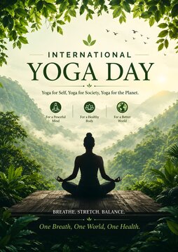 International Yoga Day poster with silhouette of woman meditating in nature