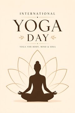 International Yoga Day poster with meditating silhouette and lotus flower