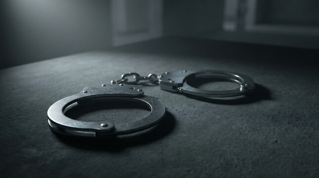Steel handcuffs resting on dark textured surface symbolizing crime and legal consequence