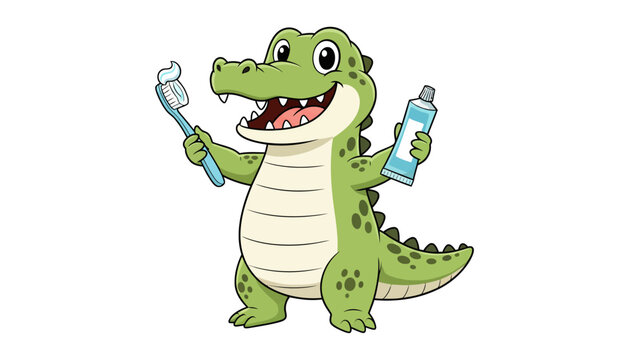 Cartoon crocodile holding toothbrush and toothpaste
