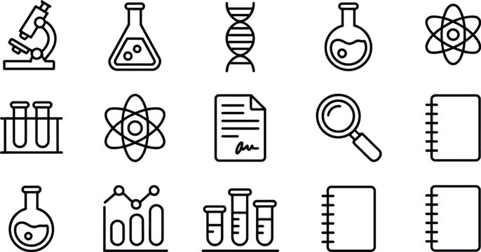 Science, research icons, laboratory microscope and experiment symbols with editable outline stroke style for medical analysis and education design.