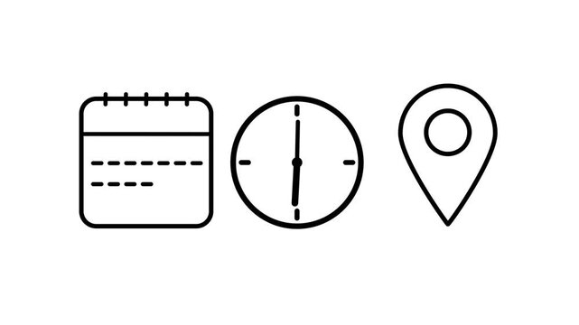Date, time and location address icon set animation with clock, calendar and navigation symbols ,on White background, 4K motion graphics.