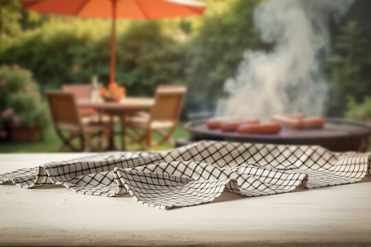 Wooden table with clean copy space for product placement and relaxing summer atmosphere with blurred summer picnic background.