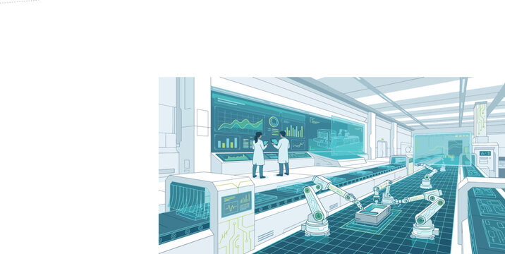 Futuristic factory interior with advanced robotics and data analysis on large digital screens.