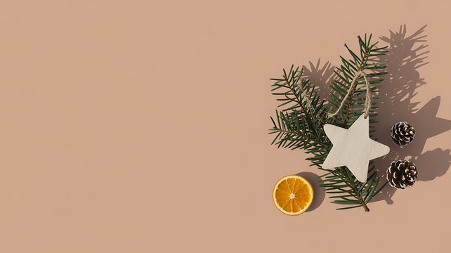 Christmas decoration with pine branch star ornament and orange on brown
