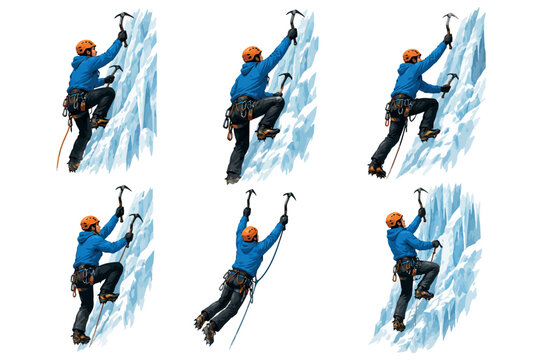 Vsai alpinist climbing ice wall using ice axes crampons
