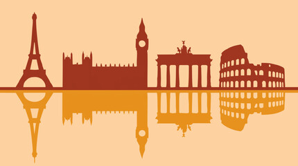 Famous European City Landmarks Silhouette Skyline with Reflection © Pixelmania