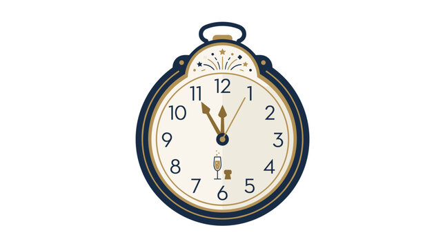 Vintage pocket watch showing almost midnight with champagne glass illustration