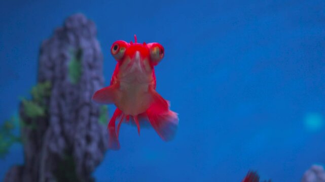 Red Goldfish Swimming in Blue Aquarium