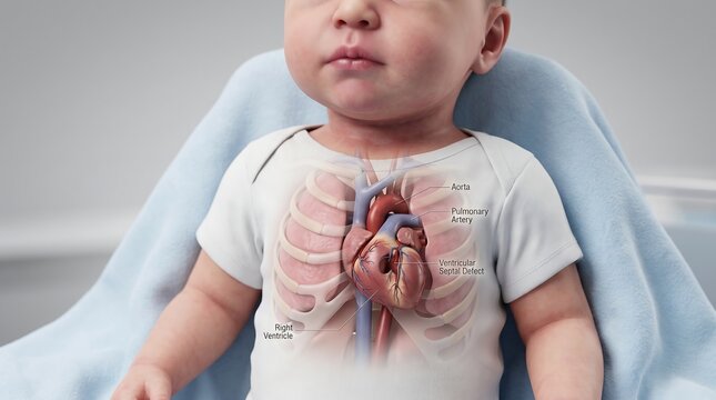 Detailed 3D medical illustration of infant heart with ventricular septal defect labeled