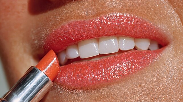Glamorous Close-Up: Applying Shimmery Glossy Coral Lipstick on Warm-Toned Skin, Highlighting Bright White Teeth, Beauty Cosmetic Product for Advertising and Makeup Tutorials