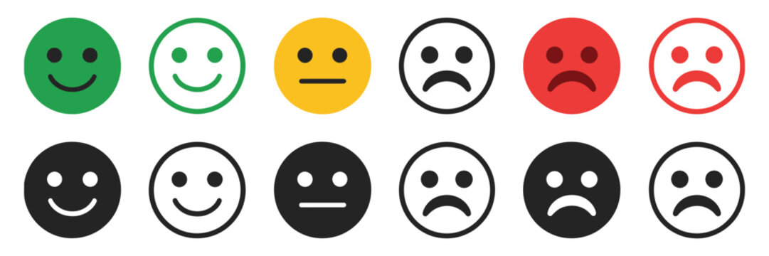 Happy and sad emoji, feedback rating emoticons smiley face icon set, positive and negative emojis red and green customer satisfaction rating icons, modern  interface vector illustration pack for web