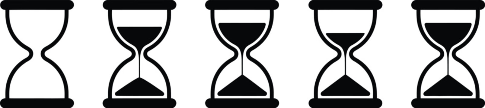 Hourglass, icon set, sand watch symbols and flat design elements for timers schedules deadlines and time tracking in clean modern vector style.