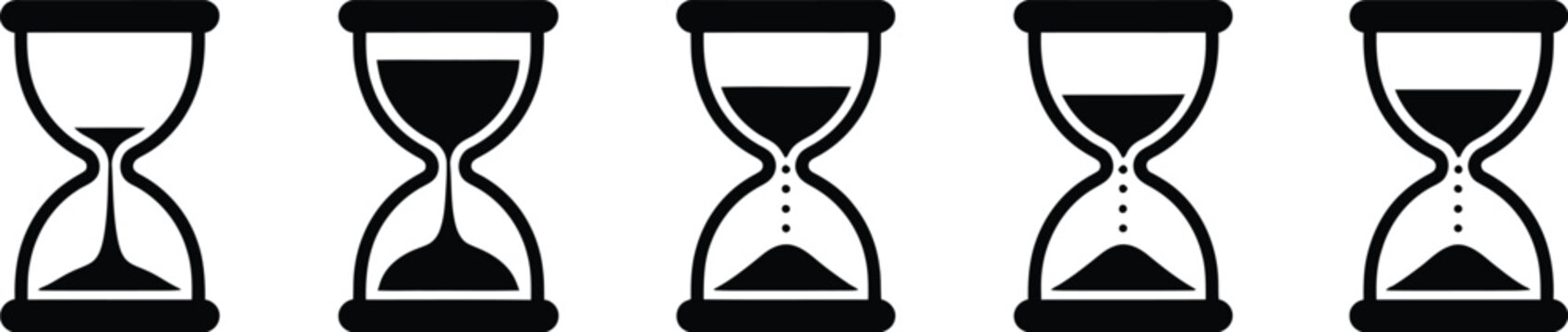 Sand watch icons, hourglass timer symbols representing deadline countdown schedule and time management in minimalist flat vector design.