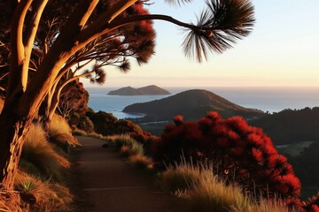 Trail winds uphill through native trees and red flowered shrubs toward ocean islands at sunrise. Golden light hits grass. Calm sea under clear sky.