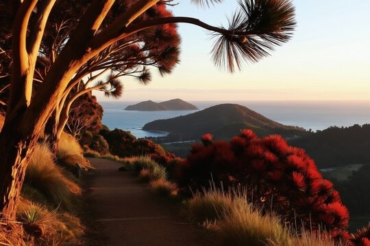 Trail winds uphill through native trees and red flowered shrubs toward ocean islands at sunrise. Golden light hits grass. Calm sea under clear sky.