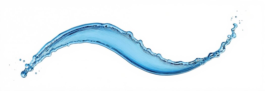 Blue water splash curls dynamically across white background. Liquid stream forms abstract wave shape with small droplets. Freshness and purity element.