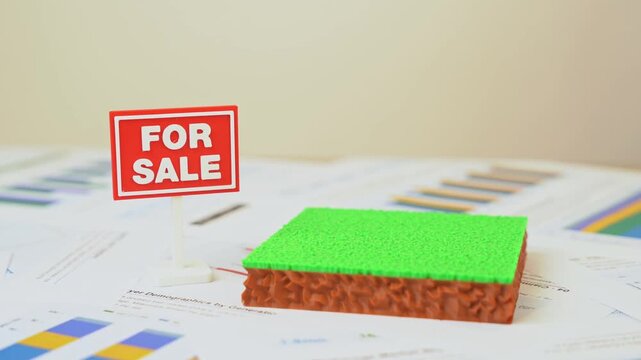 A plot of land for sale is on the reports and charts. The plot area has a green lawn and a For Sale sign. Real estate opportunities support investment, development and property ownership.
