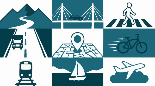 Collection of transport and navigation icons in flat graphic style