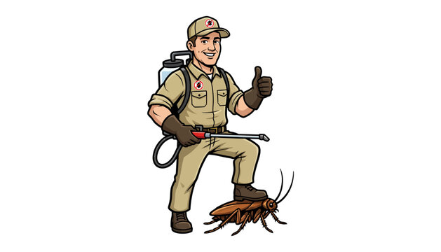 Exterminator with backpack sprayer kills cockroach