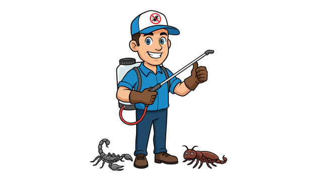 Cartoon exterminator with scorpion and tick