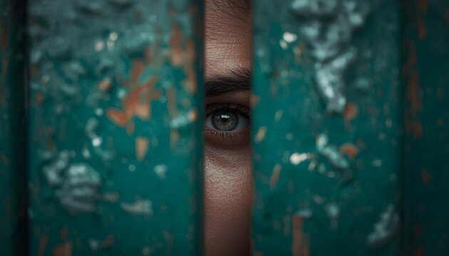 Close-up of a human eye peeking through green wooden slats, partial face visible