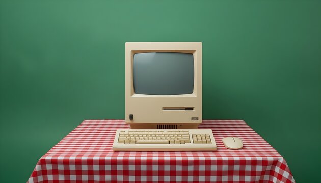 Old computer monitor with keyboard and mouse on checkered tablecloth against green background