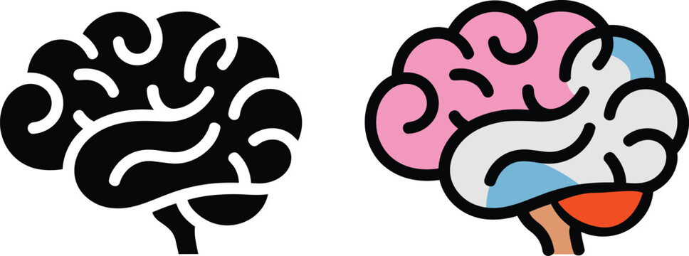 Brain icons with black and stylized for medical or science concepts, featuring convolutions and lobes in distinct hues in outline and colored styles