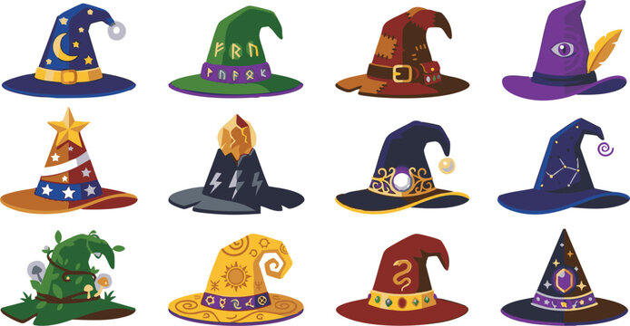 Magic wizard hats icons set wizardry element vector