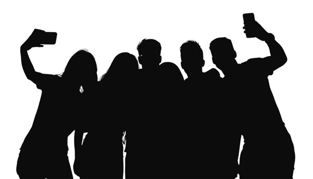 Five young people silhouettes take selfies with smartphones, capturing joyful moments and friendship.