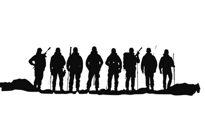 Obraz premium Armed men stand in dark silhouette, holding rifles against a stark white background, conveying a sense of.