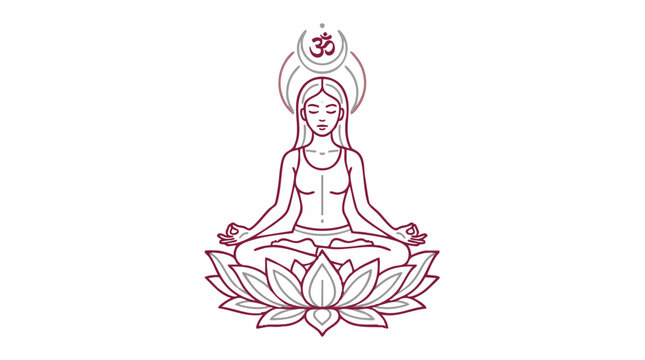 Woman meditating in lotus position on a lotus flower with om symbol
