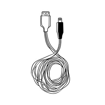 Illustration of a tangled charging cable with two different connector types on each end showing detail
