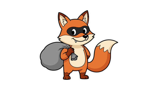 Cartoon fox character carrying sack, smiling slyly