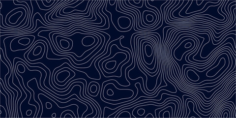 Dark Navy Blue Topographic Map Pattern with Silver Contour Lines, Flowing Elevation Curves and Abstract Geographic Relief for Modern Cartography Design. © Hasan