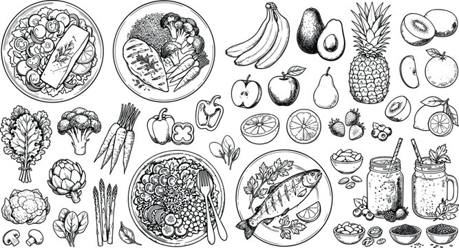 Hand Drawn Healthy Food Collection with Fruits Vegetables Fish Salads and Smoothies