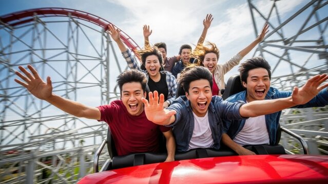 Excited young Asian friends scream and raise hands on a red roller coaster in sunny park Wallpaper Background image