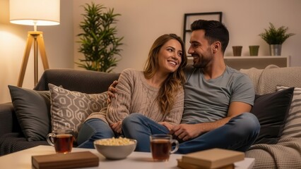 Obraz premium Happy couple relaxing on a cozy sofa with tea and popcorn under warm lamp light Wallpaper Background image