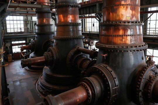 Huge vintage turbines stand in old industrial power station interior. Massive metal machines with rust, copper pipes, and valves are inside factory. Tall engines generate energy for city.