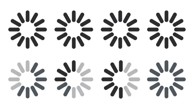 Loading and buffering progress indicator icon set, circular wait spinner symbols status indicators and progress process graphics collection, modern interface vector pack for web and mobile 