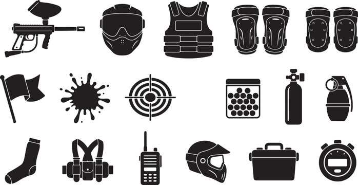 Black silhouette of paintball equipment and accessories also transparent background, paintball gun mask